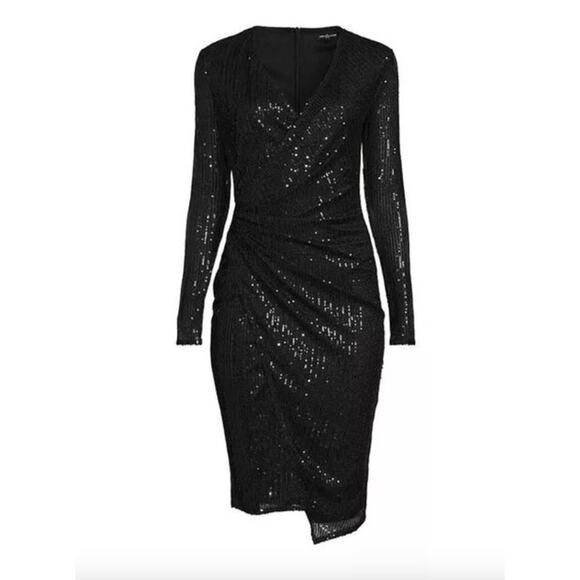 2/$30 AREA STARS Black Sequin Dress Size S Deep V Neck Side Ruching Asymmetrical - Picture 4 of 7
